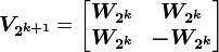  \boldsymbol{V_{2^{k+1}}} = \begin{bmatrix} \boldsymbol{W_{2^k}} & \boldsymbol{W_{2^k}} \\ \boldsymbol{W_{2^k}} & \boldsymbol{-W_{2^k}} \end{bmatrix} 