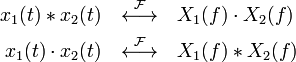 
\begin{align}
x_1(t)\ast x_2(t) &\quad\stackrel{\mathcal{F}}{\longleftrightarrow}\quad X_1(f)\cdot X_2(f) \\
x_1(t)\cdot x_2(t) &\quad\stackrel{\mathcal{F}}{\longleftrightarrow}\quad X_1(f)\ast X_2(f) 
\end{align}
