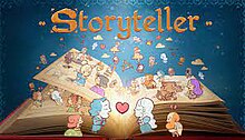 Steam商店上的遊戲封面圖，正上方顯示遊戲名稱「Storyteller」，下方為一本圖畫書，當中有許多遊戲的故事角色