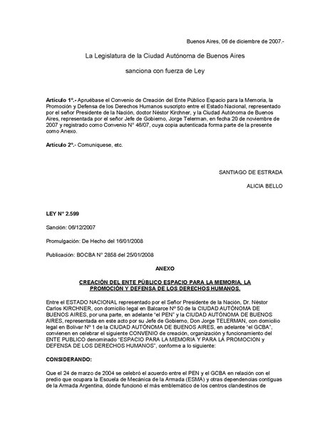 Archivo:Ley2599 CREACION ENTE PUBLICO ESPACIO PARA LA MEMORIA LA PROMOCIÓN Y DEFENSA DE LOS DERECHOS HUMANOS.pdf