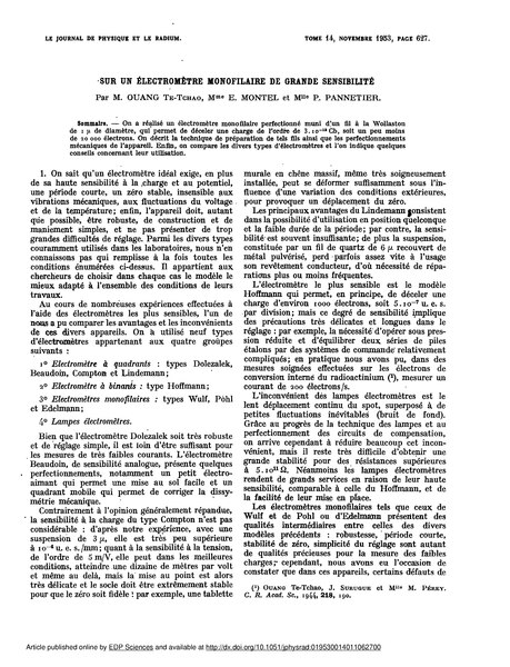 Fichier:Journal de Physique et le Radium - 1953 - vol. 14 (extrait Sur un électromètre monofilaire de grande sensibilité).djvu