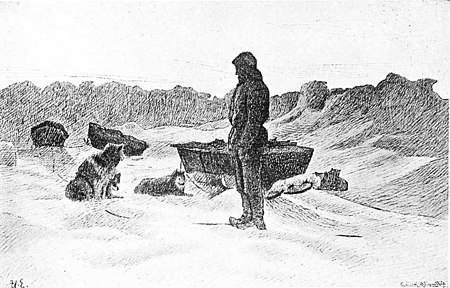 Ventende på å finne vei. Tegning av H. Egedius efter fot. mars 1895.