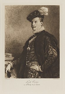 Black-and-white photogravure of a painting of a standing man richly dressed in an historical costume with a ruff at his neck, a sword at his hip, gloves in his hand, and a hat with a plume