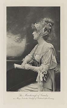Black-and-white old photograph made to look like an 19th-century painting, showing a woman looking left and holding a book in front of a cloudy sky.