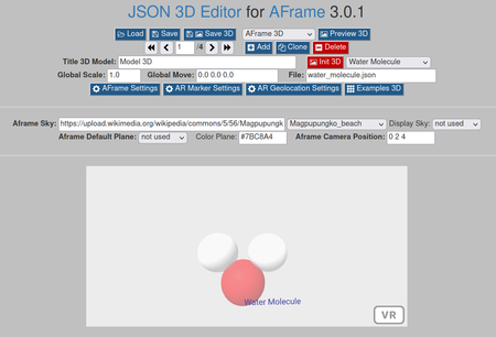 Init JSON3D4Aframe with a water molecule example and to Aframe or AR.js format