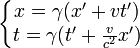 
\left\{
\begin{matrix}
x=\gamma(x'+vt')\\
t=\gamma(t'+\frac{v}{c^2}x')
\end{matrix}
\right.

