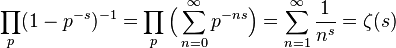 \prod _{p}(1-p^{-s})^{-1}=\prod _{p}{\Big (}\sum _{n=0}^{\infty }p^{-ns}{\Big )}=\sum _{n=1}^{\infty }{\frac {1}{n^{s}}}=\zeta (s)