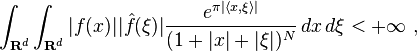 \int_{\mathbf{R}^d}\int_{\mathbf{R}^d}|f(x)||\hat{f}(\xi)|\frac{e^{\pi|\langle x,\xi\rangle|}}{(1+|x|+|\xi|)^N} \, dx \, d\xi < +\infty ~,