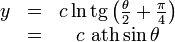 
\begin{matrix}
y &=& c \ln\mathop{\rm tg}\left(\frac{\theta}{2}+\frac{\pi}{4}\right)\\
  &=& c \,\mathop{\rm ath}\sin\theta
\end{matrix}
