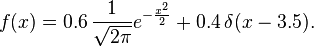 f(x) = 0.6 \, \frac {1}{\sqrt{2\pi}} e^{-\frac{x^2}{2}} + 0.4 \, \delta(x-3.5).