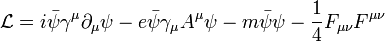 \mathcal{L} = i \bar{\psi} \gamma^\mu \partial_\mu \psi - e\bar{\psi}\gamma_\mu A^\mu \psi -m \bar{\psi} \psi - \frac{1}{4}F_{\mu\nu}F^{\mu\nu}\,