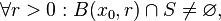 \forall r>0: B(x_0,r) \cap S \not= \varnothing,