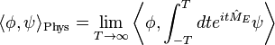 \langle\phi, \psi\rangle_{\text{Phys}} = \lim_{T \rightarrow \infty} \biggl\langle\phi, \int_{-T}^T dt e^{i t \hat{M}_E} \psi\biggr\rangle