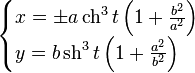 
\begin{cases}
x = \pm a\,\mathrm{ch}^3\,t\left(1+\frac{b^2}{a^2}\right) \\
y = b\,\mathrm{sh}^3\,t\left(1+\frac{a^2}{b^2}\right)
\end{cases}
