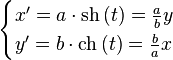 
\begin{cases}
x' = a \cdot \mathrm{sh}\,(t) = \frac{a}{b}y  \\
y' = b \cdot \mathrm{ch}\,(t) = \frac{b}{a}x
\end{cases}
