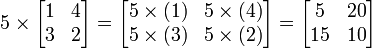 
  5 \times 
  \begin{bmatrix}
    1 & 4  \\
    3 & 2
  \end{bmatrix}
  =
  \begin{bmatrix}
    5 \times (1) & 5\times (4)  \\
    5\times (3) & 5\times (2) 
  \end{bmatrix}
  =
  \begin{bmatrix}
    5 & 20  \\
    15 & 10
  \end{bmatrix}
