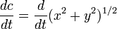 \frac {
dc}
{
dt}
= \frac {
d}
{
dt}
(ks^2-+ i^2)^ {
1/2}