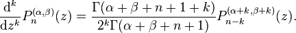 \frac{\mathrm d^k}{\mathrm d z^k} P_n^{(\alpha,\beta)} (z) = \frac{\Gamma (\alpha+\beta+n+1+k)}{2^k \Gamma (\alpha+\beta+n+1)} P_{n-k}^{(\alpha+k, \beta+k)} (z).