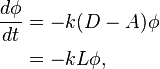 
egin{align}
frac{d phi}{d t} & = -k(D-A)phi \
& = -k L phi,
end{align}
