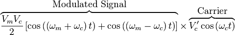 \overbrace {
\frac {
V_m V_c}
{
2}
\left [\kos\left (\left (\omega_m + \omega_c \right) t\right) + \kos\left (\left (\omega_m - \omega_c \right) t\right) \right]}
^ {
\mboks {
Modulita Signalo}
}
\time'oj \overbrace {
V'_c \kos \left (\omega_c t \right)}
^ {
\mboks {
Aviad-kompanio}
}