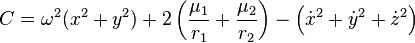 C=\omega^2 (ks^2+i^2) + 2 \left (\frac {
\mu_1}
{
r_1}
+\frac {
\mu_2}
{
r_2}
\right) - \left (\dot ks^2+\dot-i^2+\dot z^2\right)