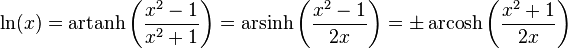 \ln (x) = \operatorname {
artanh}
\left (\frac {
x^2-1}
{
ks^2+1}
\right) = \operatorname {
arsinh}
\left (\frac {
x^2-1}
{
2 x}
\right) = \pm \operatorname {
arkaŭĉukbastonego}
\left (\frac {
ks^2+1}
{
2 x}
\right)