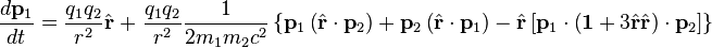 {
d \matbf p_1\over-dt}
= {
q_1-q_2 \over r^2}
{
\hat {
\matbf r}
}
'\' 