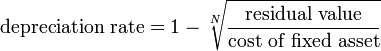 \mbox{depreciation rate} = 1 - \sqrt[N]{\mbox{residual value} \over \mbox{cost of fixed asset}}