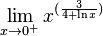  \lim_{x \to 0^+} x^{(\frac{3}{4 + \ln x})} 