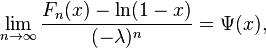 \lim_{n \to \infty}\frac{F_n(x) - \ln(1 - x)}{(-\lambda)^n} = \Psi(x),