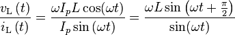 \frac{v_{\text{L}} \left( t \right)}{i_{\text{L}} \left( t \right)} = \frac{\omega I_p L \cos(\omega t)}{I_p \sin \left( \omega  t \right)} = \frac{\omega L \sin \left( \omega  t + \frac{\pi}{2}\right)}{\sin(\omega t)}