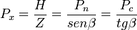 P_x = \frac {H} {Z} = \frac {P_n}{sen \beta} = \frac {P_c}{tg \beta}