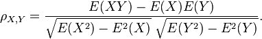 /rho_{X,Y}=/frac{E(XY)-E(X)E(Y)}{/sqrt{E(X^2)-E^2(X)}~/sqrt{E(Y^2)-E^2(Y)}}.