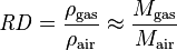 {
\matit {
RD}
}
= {
\frac {
\rho_ {
\matrm {
gaso}
}
}
{
\rho_ {
\matrm {
aero}
}
}
}
\aproks {
\frac {
M_ {
\matrm {
gaso}
}
}
{
M_ {
\matrm {
aero}
}
}
}