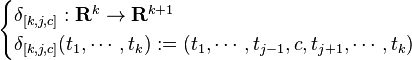 \begin {
kazoj}
\delta_ {
[k, j, c]}
: \matbf {
R}
^ k \to\matbf {
R}
^ {
k+1}
\ \delta_ {
[k, j, c]}
(t_1, \cdots, t_k): = \left (t_1, \cdots, t_ {
j}
, c, t_ {
j+1}
, \cdot'oj, t_k \right) \end {
kazoj}