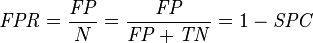 mathit{FPR} = frac {mathit{FP}} {N} = frac {mathit{FP}} {mathit{FP} + mathit{TN}} = 1 - mathit{SPC}