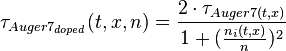 \tau _{Auger7_{doped}}(t,x,n) = \frac{2\cdot \tau _{Auger7(t,x)}}{1+(\frac{n_{i}(t,x)}{n})^{2}}