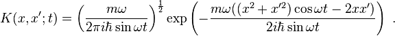 K (x, x;
t) \left (\frac {
m\omega}
{
2\pi i\hbar \sin \omega t}
\right)^ {
\frac {
1}
{
2}
}
\eksp\left (\frac {
m\omega ((ks^2+ks'^2) \cos\omega t-2xx')}
{
2i\hbar \sin\omega t}
\right).