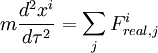 mfrac{d^2 x^i}{dtau^2} = sum_j F_{real,j}^i