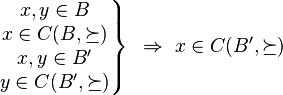 \left.
\begin {
matrico}
x, y \in B\ x \in C (B, \suceq) \ x, y \in B \ y \in C (B, \suceq) \end {
matrico}
'\right\' 