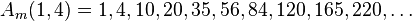 A_m (1,4) = 1,4, 10,20,35,56,84,120,165,220, \ldot'oj