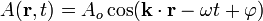 A (\matbf {
r}
, t) = A_o \kos (\matbf {
k}
\cdot \matbf {
r}
- \omega t + \varfi)