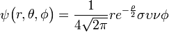 \psi \begin{pmatrix} r, \theta, \phi \end{pmatrix} = \frac{1}{4 \sqrt{2 \pi}} re^{- \frac{\rho}{2}} \sigma \upsilon \nu \phi 