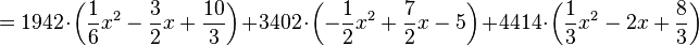 =1942\cdot\left(\frac{1}{6}x^2-\frac{3}{2}x+\frac{10}{3}\right)+3402\cdot\left(-\frac{1}{2}x^2+\frac{7}{2}x-5\right)+4414\cdot\left(\frac{1}{3}x^2-2x+\frac{8}{3}\right)\,\!