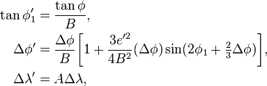 egin{align}
	anphi_1' &= frac{	anphi}B,\
Deltaphi' &=  frac{Delta phi}{B}iggl[1 + frac{3 e'^2 }{4 B^2}(Delta phi) sin (2 phi_1 + 	frac23 Delta phi )iggr],\
Deltalambda' &= ADeltalambda,
end{align}
