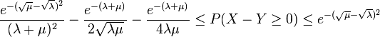 
 \frac{e^{-(\sqrt{\mu} -\sqrt{\lambda})^2  }}{(\lambda + \mu)^2} - \frac{e^{-(\lambda + \mu)}}{2\sqrt{\lambda \mu}} - \frac{e^{-(\lambda + \mu)}}{4\lambda \mu} \leq P(X - Y \geq 0) \leq e^{- (\sqrt{\mu} -\sqrt{\lambda})^2}
