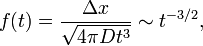 f(t)=\frac{\Delta x}{\sqrt{4\pi Dt^3}}\sim t^{-3/2},