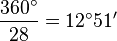  \frac{360^\circ}{28}={12^\circ} {51'}