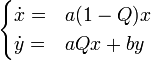 
\begin{cases}
\dot{x} = & a(1-Q)x \\
\dot{y} = & aQx + by \\
\end{cases}
