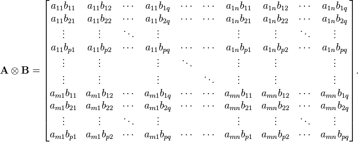 {\mathbf{A}\otimes\mathbf{B}} = \begin{bmatrix}
   a_{11} b_{11} & a_{11} b_{12} & \cdots & a_{11} b_{1q} &
                   \cdots & \cdots & a_{1n} b_{11} & a_{1n} b_{12} & \cdots & a_{1n} b_{1q} \\
   a_{11} b_{21} & a_{11} b_{22} & \cdots & a_{11} b_{2q} &
                   \cdots & \cdots & a_{1n} b_{21} & a_{1n} b_{22} & \cdots & a_{1n} b_{2q} \\
   \vdots & \vdots & \ddots & \vdots & & & \vdots & \vdots & \ddots & \vdots \\
   a_{11} b_{p1} & a_{11} b_{p2} & \cdots & a_{11} b_{pq} &
                   \cdots & \cdots & a_{1n} b_{p1} & a_{1n} b_{p2} & \cdots & a_{1n} b_{pq} \\
   \vdots & \vdots & & \vdots & \ddots & & \vdots & \vdots & & \vdots \\
   \vdots & \vdots & & \vdots & & \ddots & \vdots & \vdots & & \vdots \\
   a_{m1} b_{11} & a_{m1} b_{12} & \cdots & a_{m1} b_{1q} &
                   \cdots & \cdots & a_{mn} b_{11} & a_{mn} b_{12} & \cdots & a_{mn} b_{1q} \\
   a_{m1} b_{21} & a_{m1} b_{22} & \cdots & a_{m1} b_{2q} &
                   \cdots & \cdots & a_{mn} b_{21} & a_{mn} b_{22} & \cdots & a_{mn} b_{2q} \\
   \vdots & \vdots & \ddots & \vdots & & & \vdots & \vdots & \ddots & \vdots \\
   a_{m1} b_{p1} & a_{m1} b_{p2} & \cdots & a_{m1} b_{pq} &
                   \cdots & \cdots & a_{mn} b_{p1} & a_{mn} b_{p2} & \cdots & a_{mn} b_{pq}
\end{bmatrix}. 